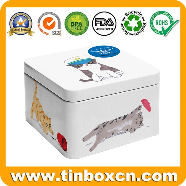 Square Cat Treat Metal Tin for Pet Food Strorage Box