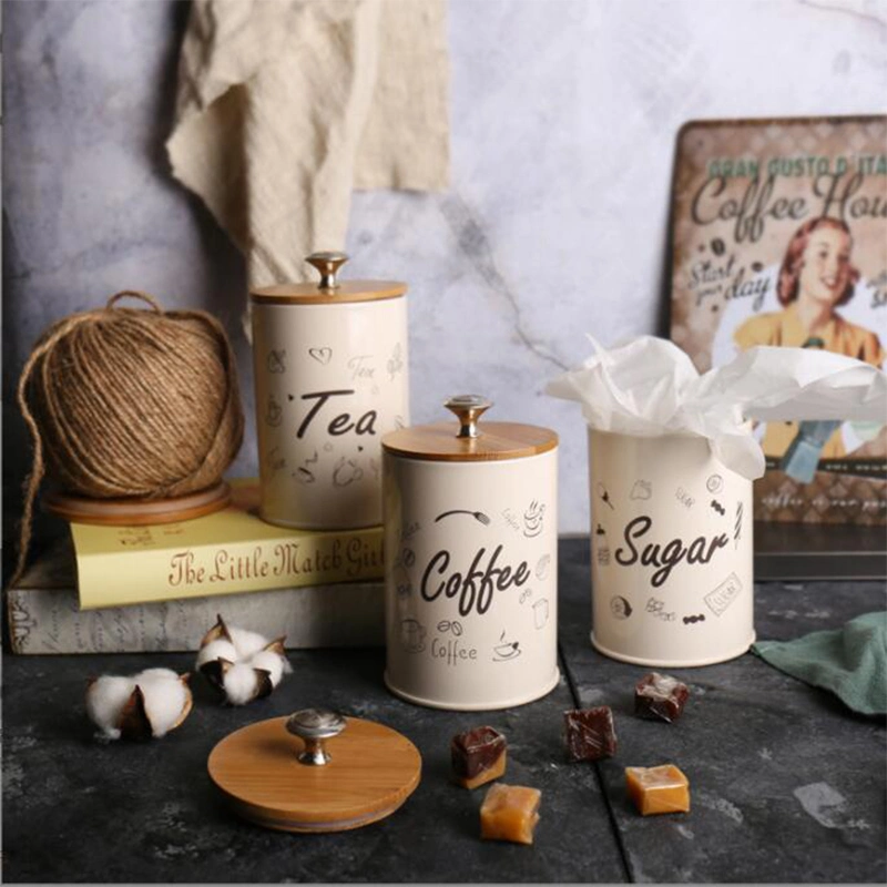 Tea Coffee Sugar Canister Set Storage Container Bamboo Lids Tin