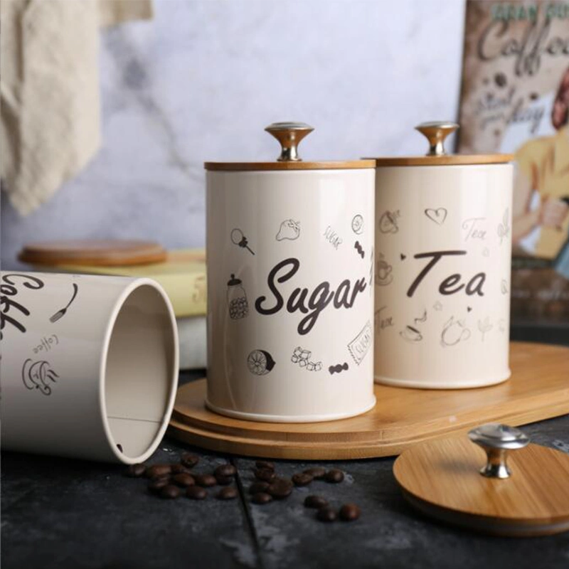 Tea Coffee Sugar Canister Set Storage Container Bamboo Lids Tin