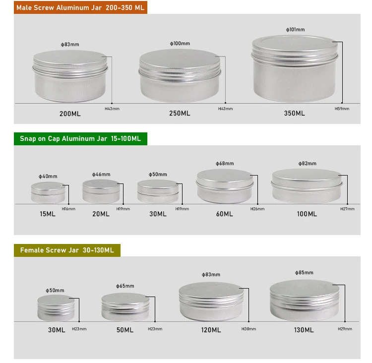 Hot Sales Empty Lip Balm Aluminum Metal Jar Tobacco Container Tin Can for Candles 10g 15g 20g 30g 60g 80g 100g 150g 200g 250g